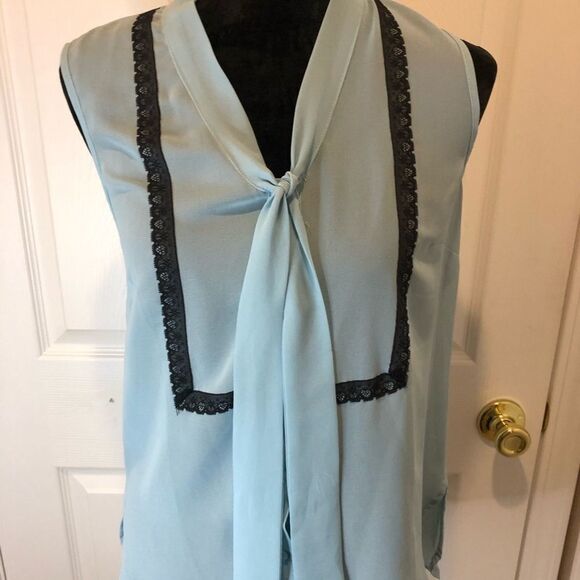 Petticoat Alley blue button down sheer bow blouse - Picture 7 of 11